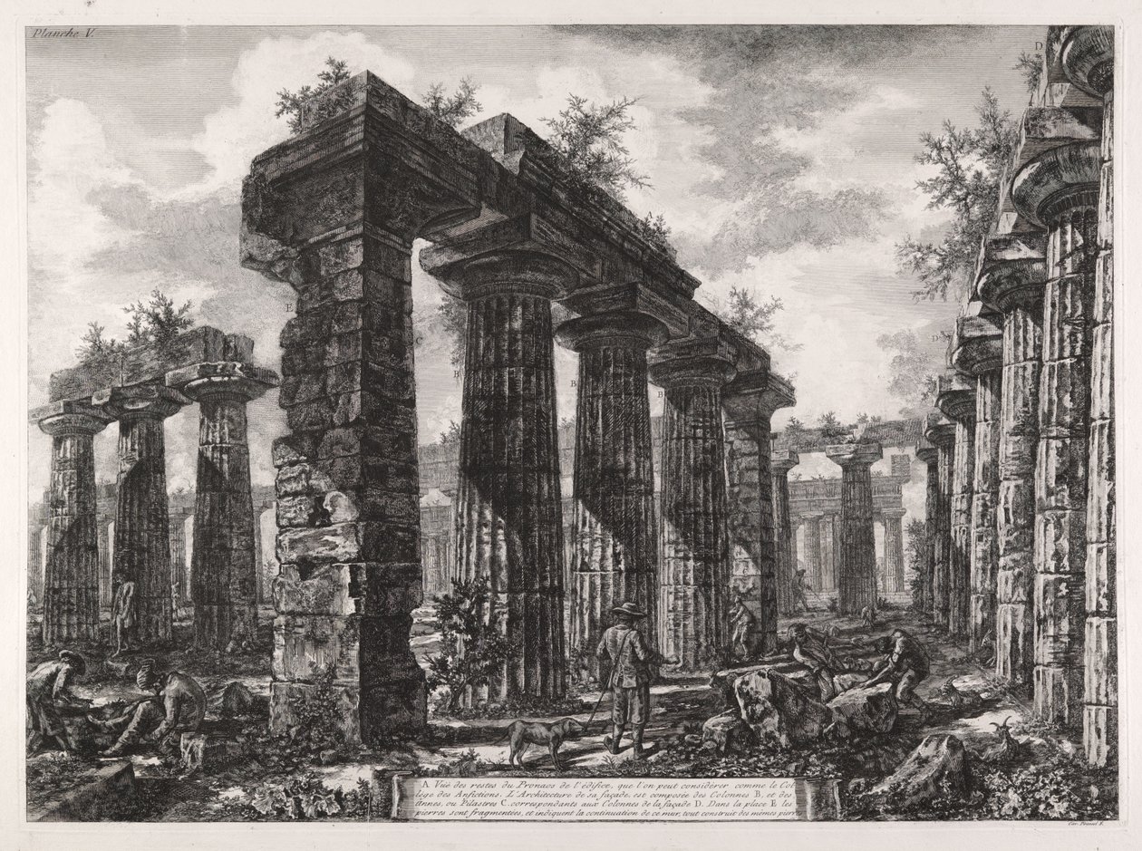 Vista dos restos do pronaos do edifício, que pode ser considerado o Colégio dos Anfictiões, de Diferentes vistas de Paestum de Giovanni Battista Piranesi