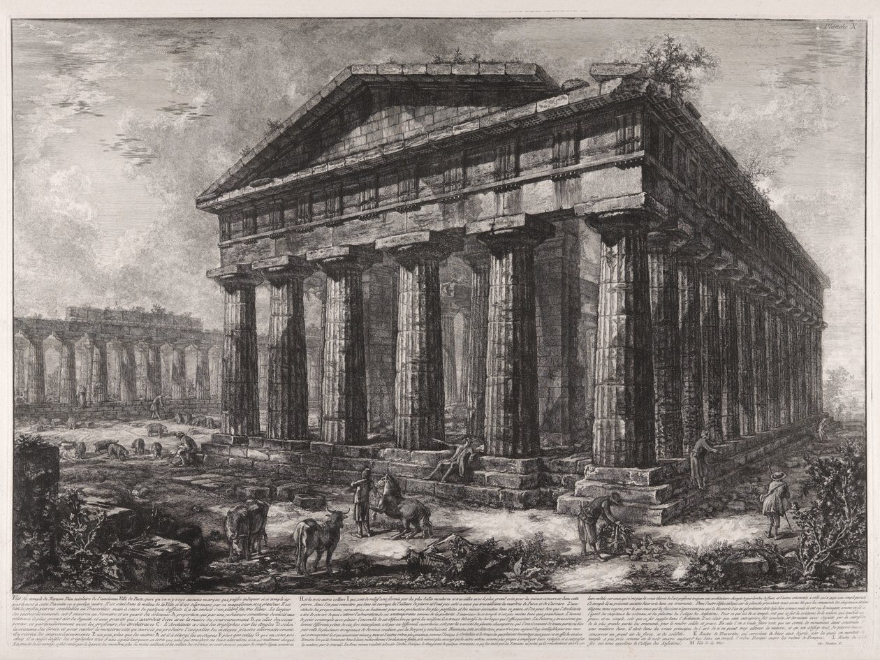 Vista do Templo de Neptuno, deus tutelar da antiga cidade de Pesto, embora não se veja qualquer sinal que possa indicar se este templo pertencia a esta divindade ou a outra ... de Giovanni Battista Piranesi
