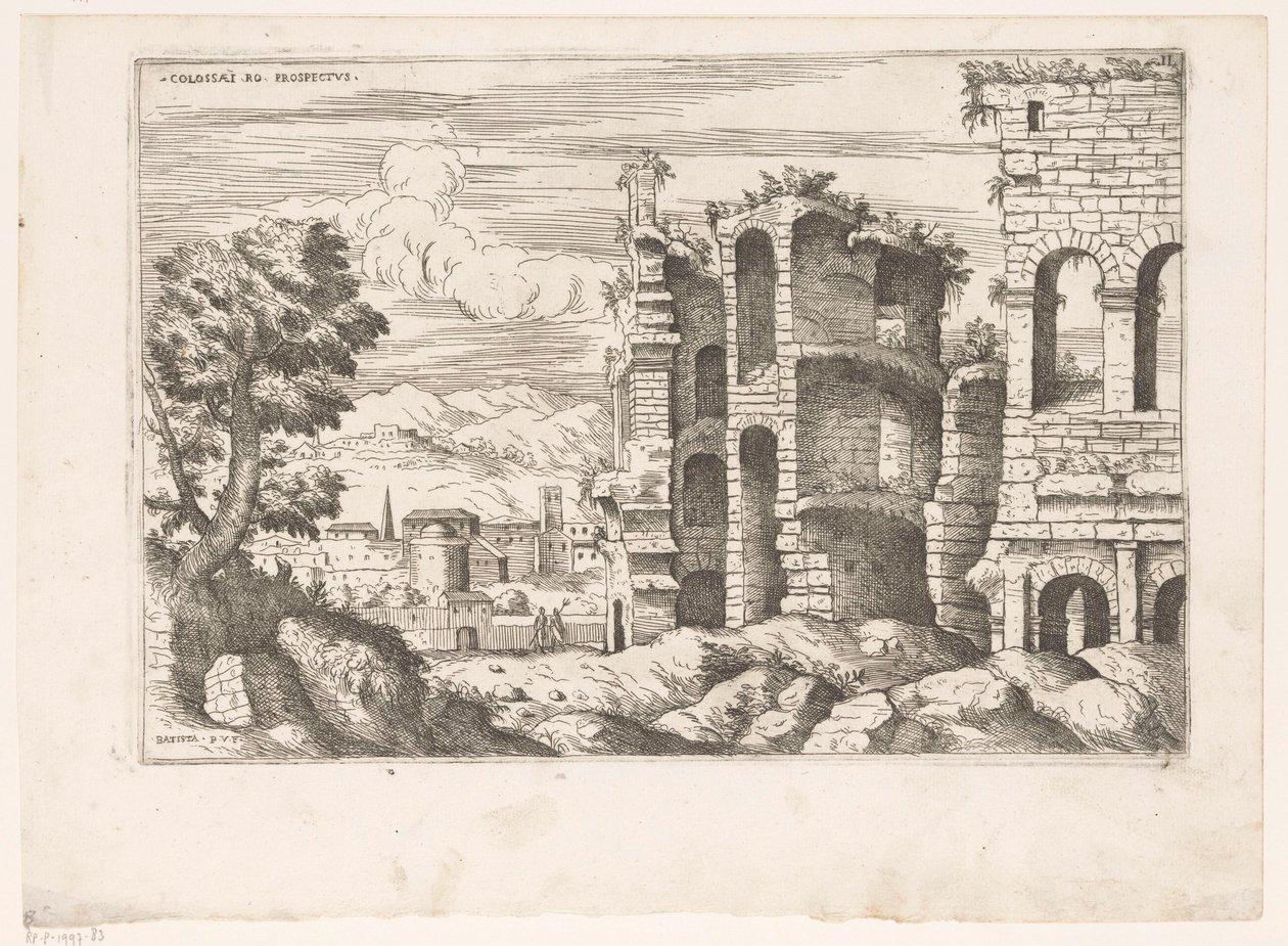 Gezicht op het Coliseu e omgeving te Roma Colosseum ro prospectus (título no objeto) Ruínas romanas (título da série) Alguns Monumentos Importantes da Antiguidade Romana (...) (título da série) de Giovanni Battista Pittoni (I)