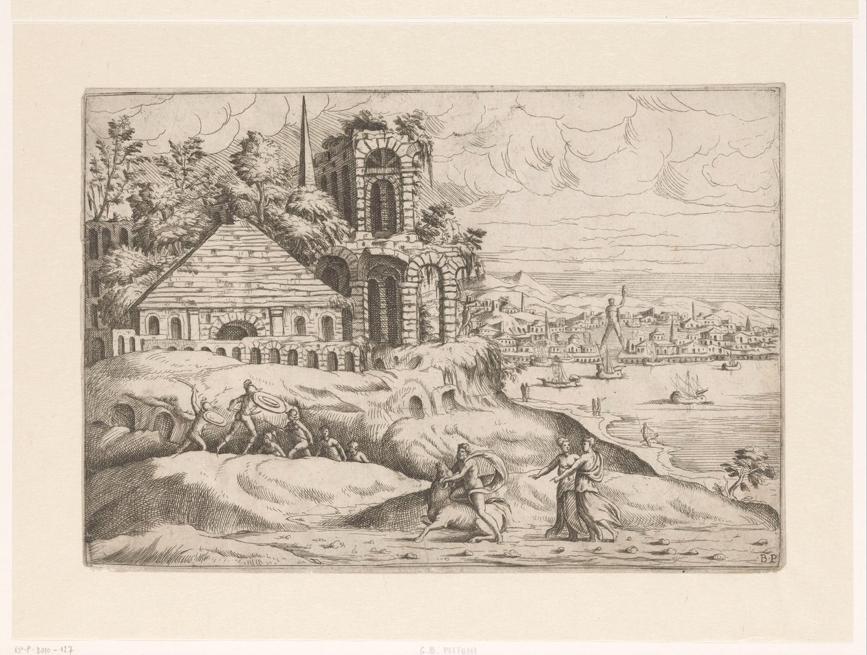Paisagem com ruínas antigas e o Colosso de Rodes Paisagens com ruínas (título da série) de Giovanni Battista Pittoni (I)