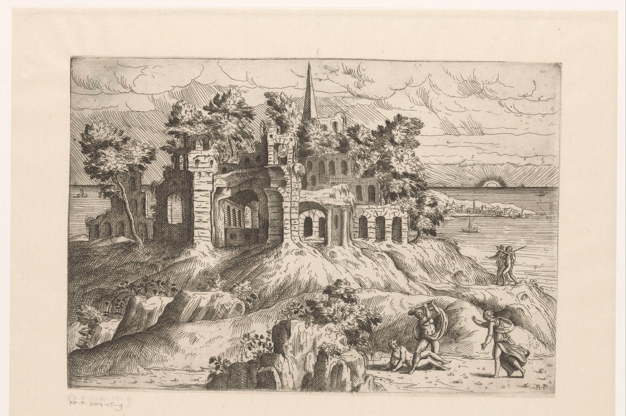 Paisagem com ruínas na orla marítima e um sol nascente ou poente
Paisagens com ruínas e arquitectura e figuras de fantasia em trajes antigos e exóticos (título da série) de Giovanni Battista Pittoni (I)