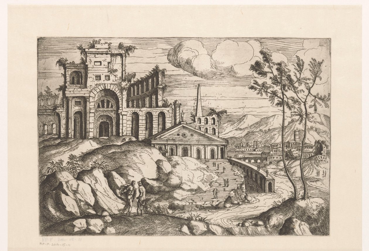 Paisagem com ruínas e arquitectura de fantasia sobre água corrente com cascata
Paisagem com ruínas e arquitectura e figuras de fantasia em trajes antigos e exóticos (título da série) de Giovanni Battista Pittoni (I)