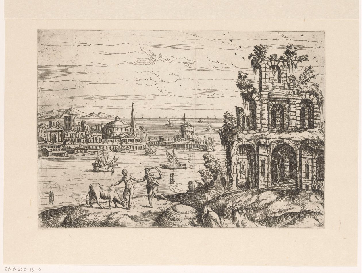Paisagem urbana com ruínas e arquitetura de fantasia à beira-mar Paisagens com ruínas e arquitetura de fantasia e figuras em trajes antigos e exóticos (título da série) de Giovanni Battista Pittoni (I)