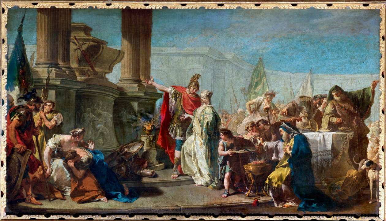 Polixena, filha de Príamo, rei de Troia, é sacrificada em expiação ao espírito do defunto Aquiles ... de Giovanni Battista Pittoni
