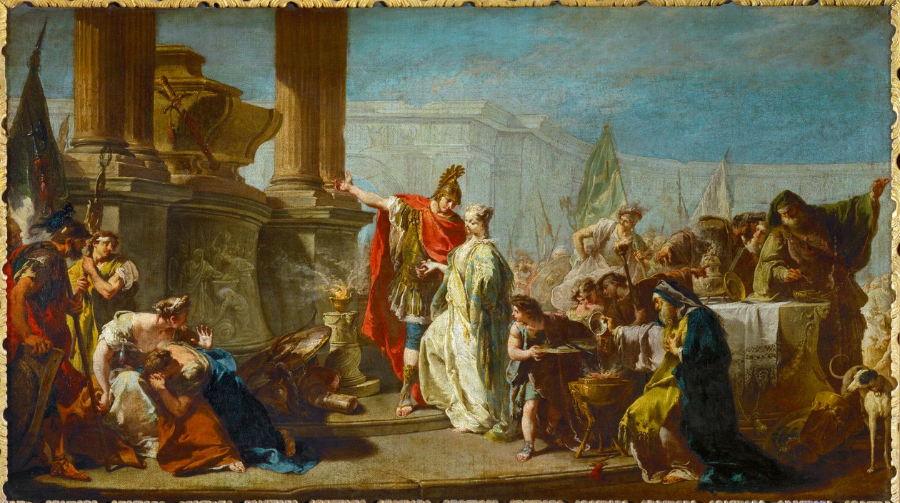 Polixena, filha de Príamo, rei de Troia, é sacrificada em expiação ao espírito do defunto Aquiles ... de Giovanni Battista Pittoni