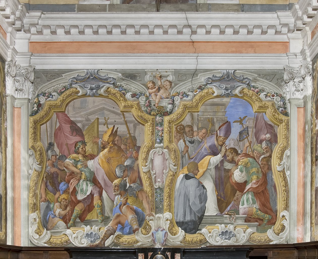 Santo Ambrósio banindo o imperador Teodósio do Templo e a penitência e bênção de Teodósio de Giovanni Battista Pozzo