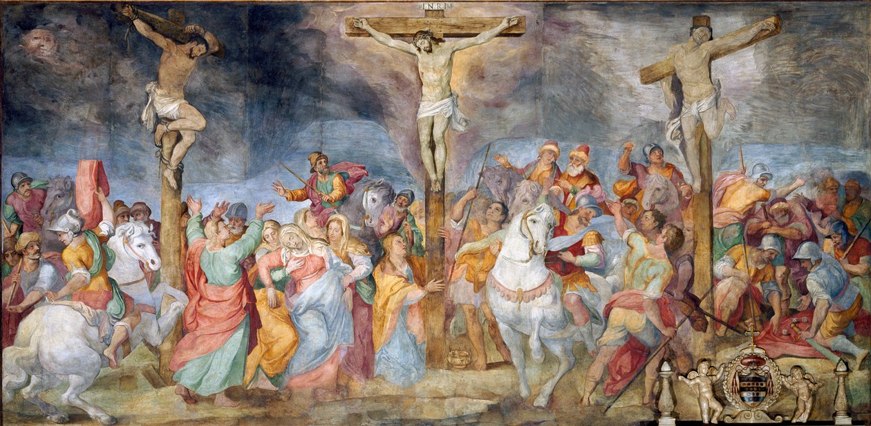 A inscrição da Crucificação Inri (I.N.R.I.) na cruz. Nos lados, representação do bom ladrão (também chamado São Dismas (ou Dismas, Dimas, Dumas) e do mau ladrão (Gesmas ou Gestas), dois ladrões crucificados com Jesus Cristo. Fresco por Giovanni B de Giovanni Battista Ricci
