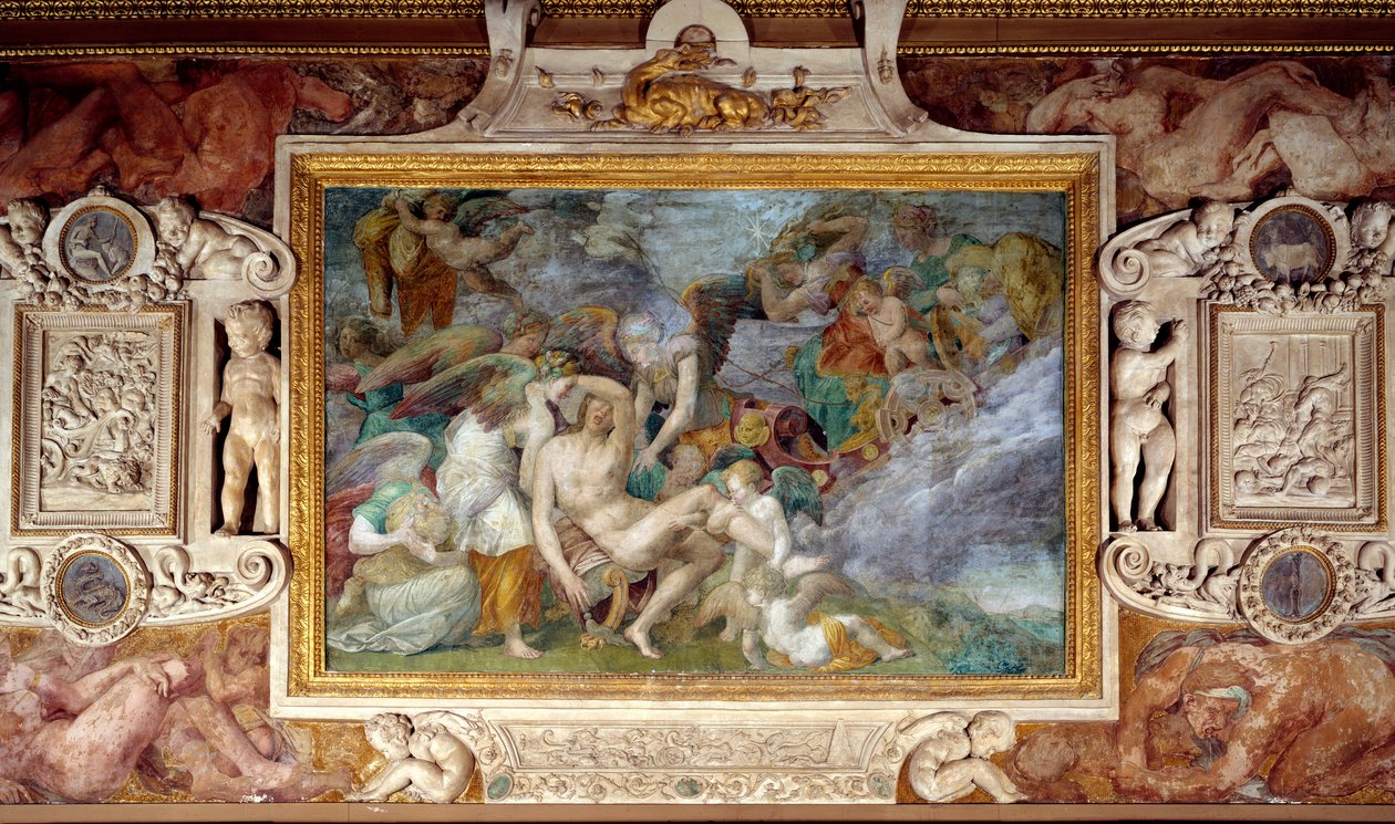 Fresco da 5ª viagem sul da Galerie François I no castelo de Fontainebleau mostrando a morte de Adonis. Pintura de Giovanni Battista di Jacopo Rosso (1494-1541) de Giovanni Battista Rosso Fiorentino
