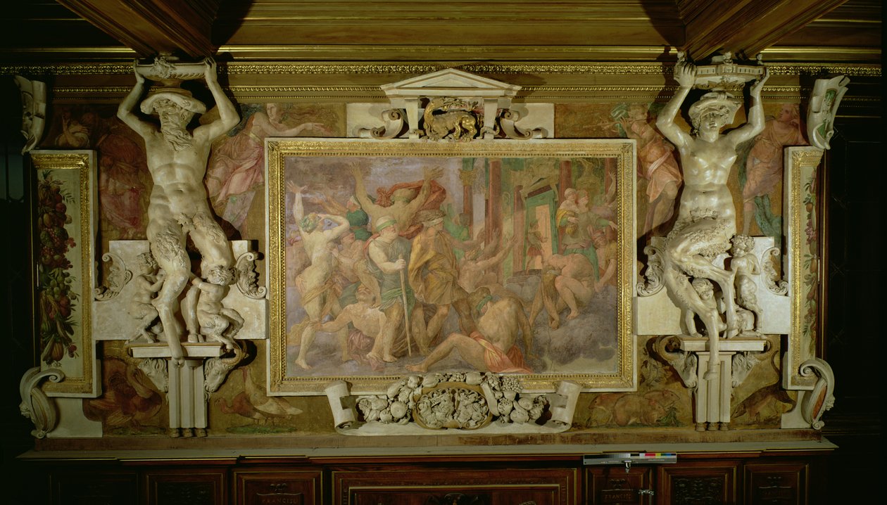 Caça ignorância, detalhe de esquema decorativo na Galeria de Francisco I, 1530-40 fresco e estuque de Giovanni Battista Rosso Fiorentino
