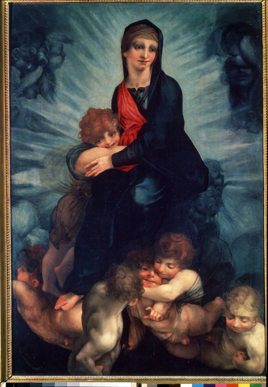 A Virgem e o Menino com anjos (A Virgem e o Menino com anjos). Pintura de Fiorentino Rosso (1495-1540). Óleo sobre tela de Giovanni Battista Rosso Fiorentino