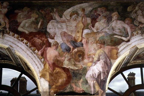 Parnassus, detalhe do esquema decorativo na Galeria de Francisco I de Giovanni Battista Rosso Fiorentino