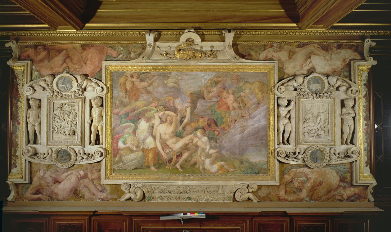 A morte de Adonis, detalhe do esquema decorativo na Galeria de Francisco I, 1530-40 afresco e estuque de Giovanni Battista Rosso Fiorentino