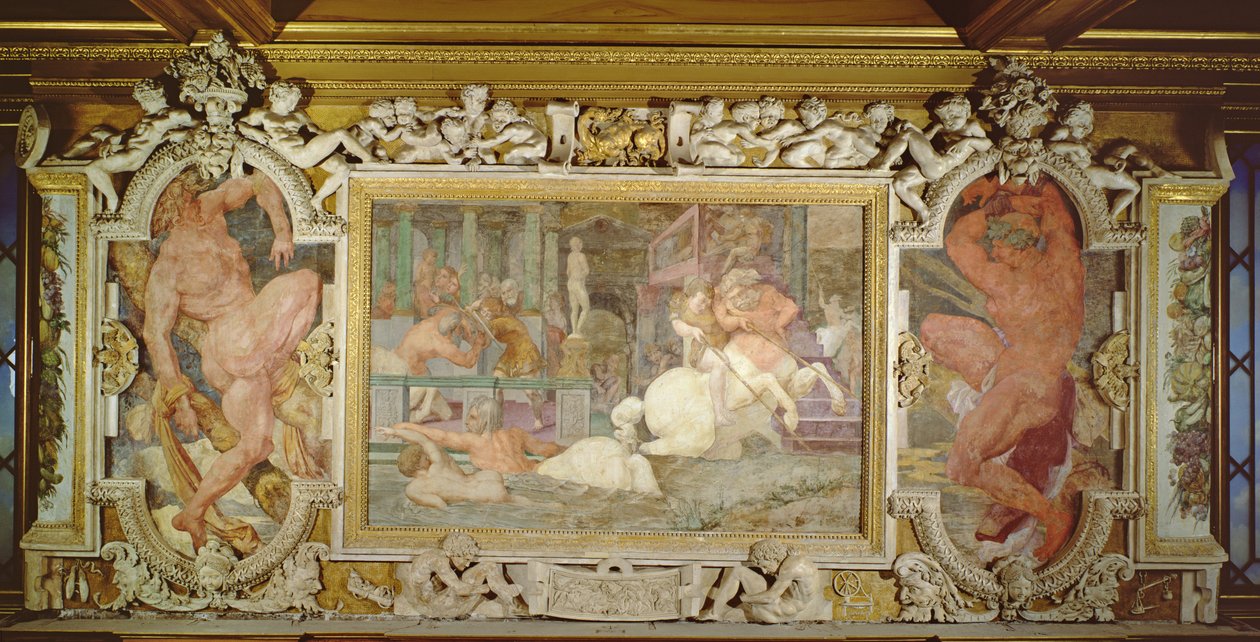 A educação de Aquiles, detalhe do esquema decorativo na Galeria de Francisco I, 1530-40 afresco e estuque ver também 210355 de Giovanni Battista Rosso Fiorentino