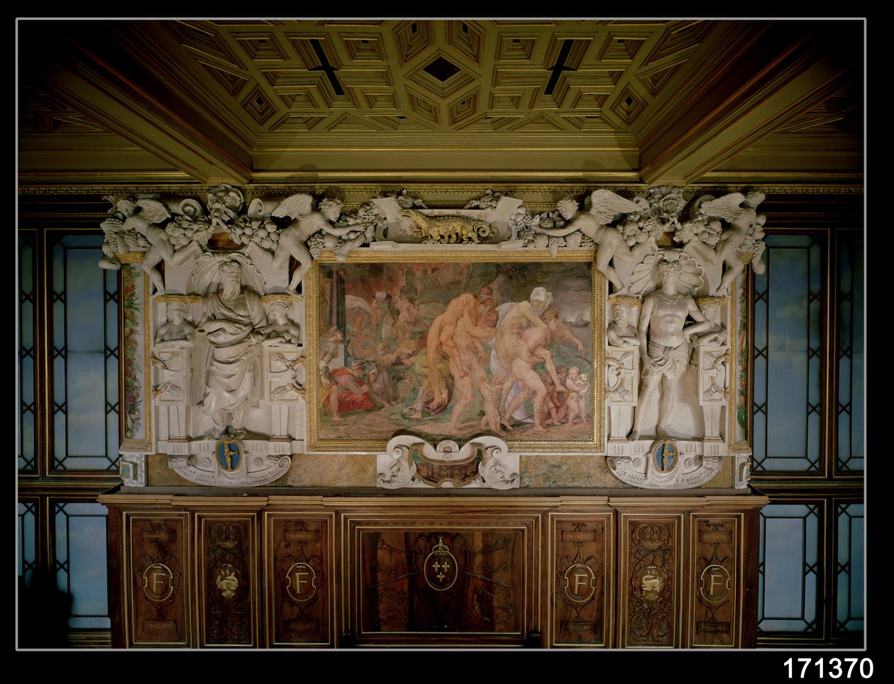 O saque de Tróia ou Catania, detalhe do esquema decorativo na Galeria de Francisco I (1494-1547) 1535-40 (afresco e estuque) de Giovanni Battista Rosso Fiorentino