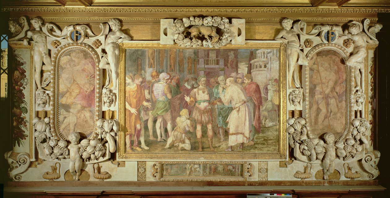 A Unificação do Estado, detalhe de esquema decorativo na Galeria de Francisco I, 1530-40 afresco e estuque de Giovanni Battista Rosso Fiorentino