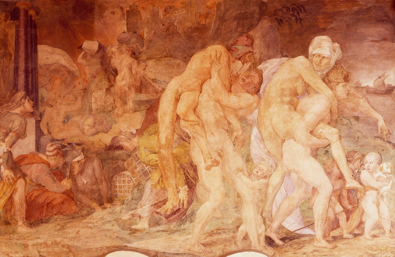 Os gêmeos de Catania, Anfinomo e Anapio, afresco na galeria de Francisco I do Chateau de Fontainebleau, França (Patrimônio da Humanidade pela UNESCO de Giovanni Battista Rosso Fiorentino