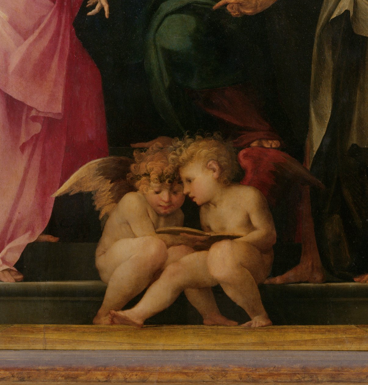 Dois querubins lendo, detalhe de Madonna e criança com Santos, 1518 detalhe do painel de 50330 de Giovanni Battista Rosso Fiorentino