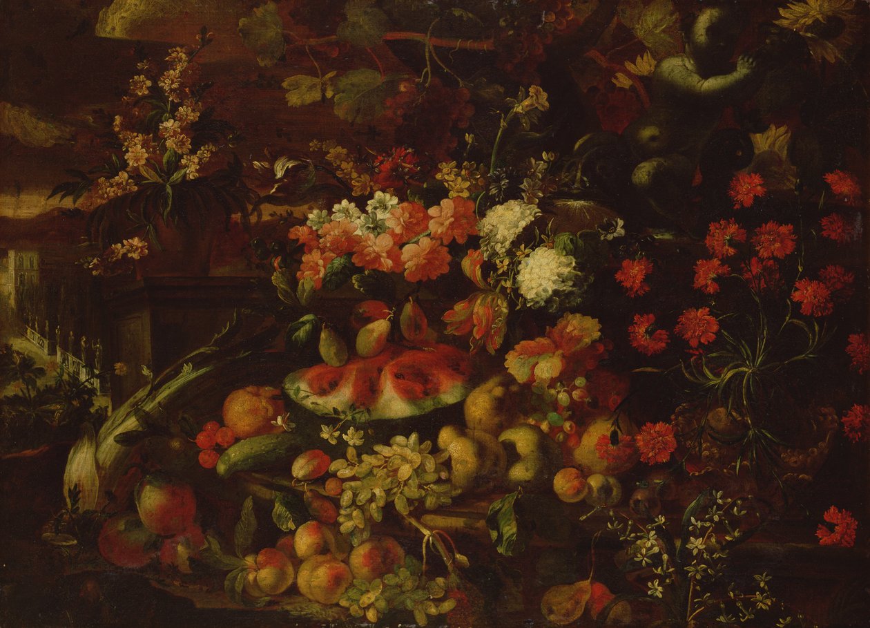 Ainda vida com frutas, legumes e flores de Giovanni Battista Ruoppolo or Ruopolo