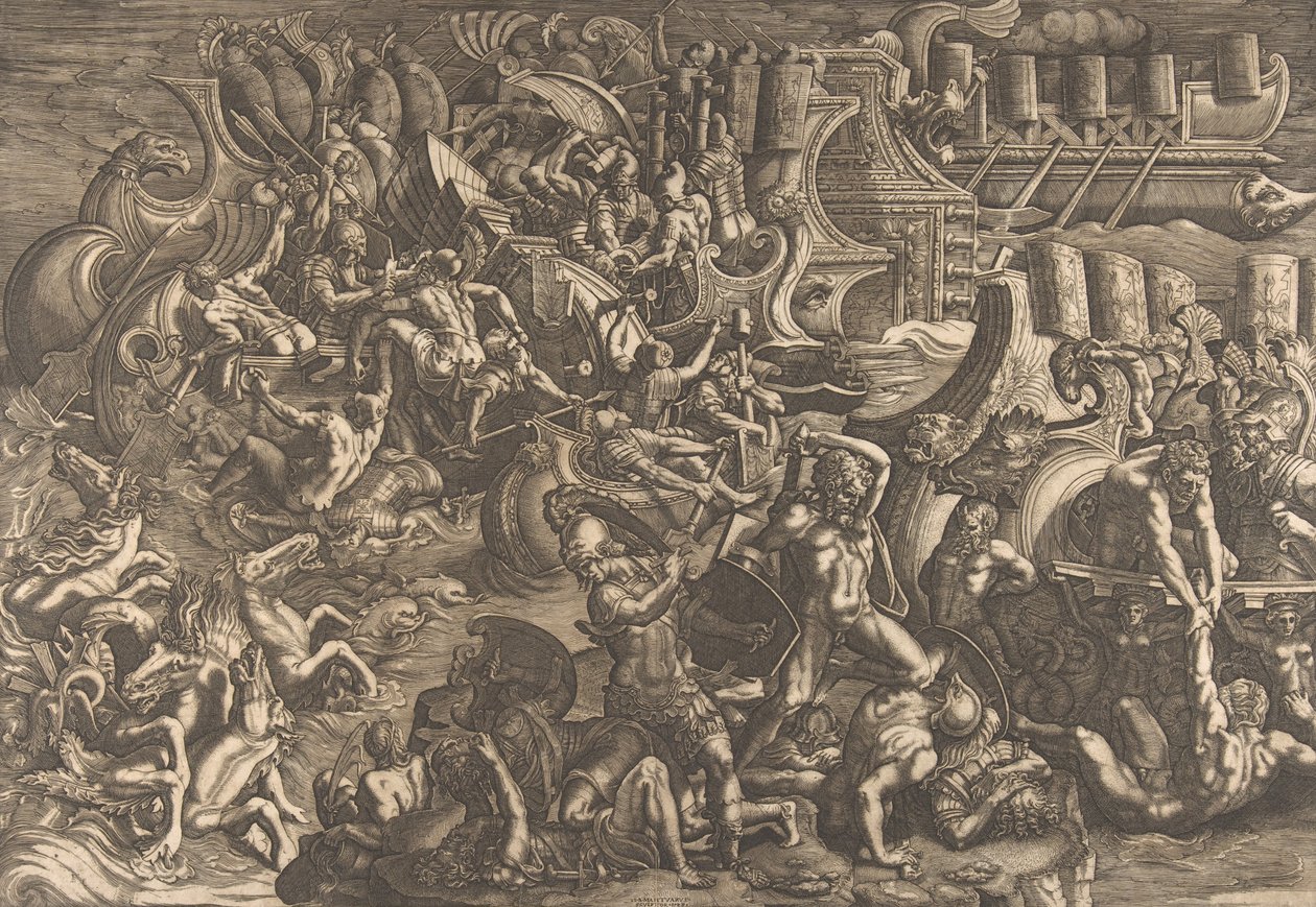 Os troianos repelindo os gregos, 1538. de Giovanni Battista Scultori