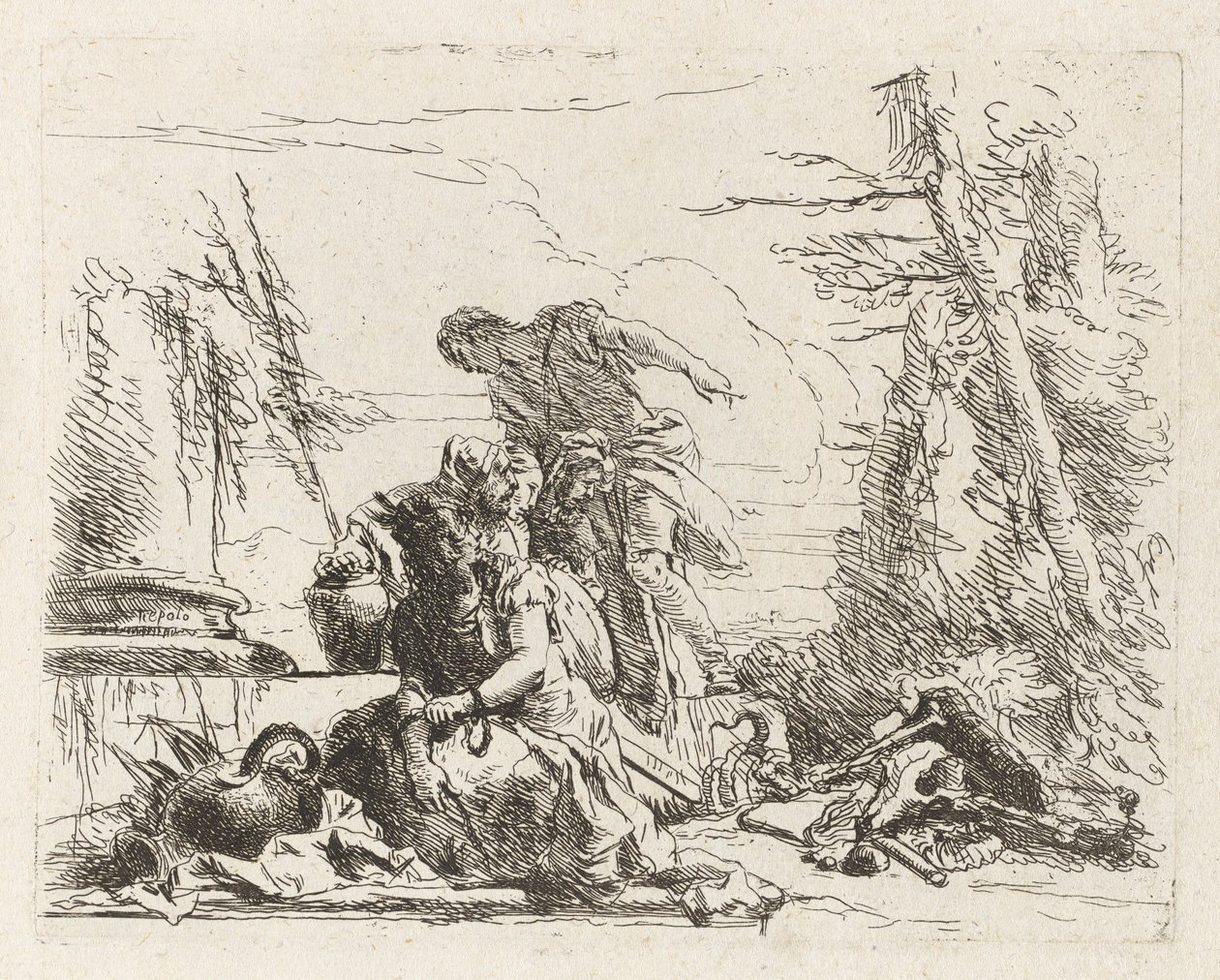 Uma mulher com os braços acorrentados e quatro outras figuras, de Vari capricci (Vários caprichos) de Giovanni Battista Tiepolo