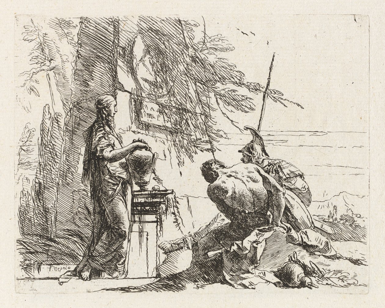 Uma mulher com as mãos num vaso, um soldado, e um escravo, de Vari capricci (Vários Capriccios) de Giovanni Battista Tiepolo