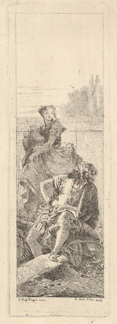 Um homem barbudo e sentado olha por cima do ombro direito em direção a uma criança e uma mulher carregando ..., ca. 1750-55. de Giovanni Battista Tiepolo