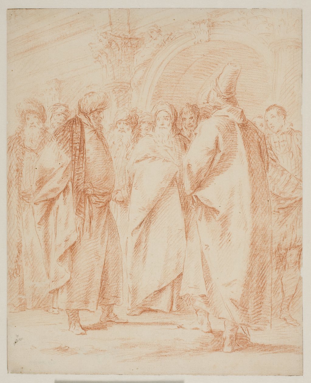 Um grupo de homens reunidos em frente a um portão de Giovanni Battista Tiepolo