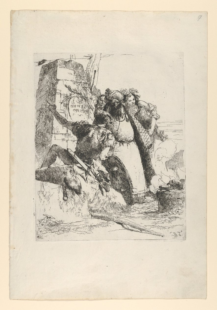 Um mágico, um soldado e três figuras observando uma caveira em chamas do Scherzi d..., ca. 1743-50. de Giovanni Battista Tiepolo