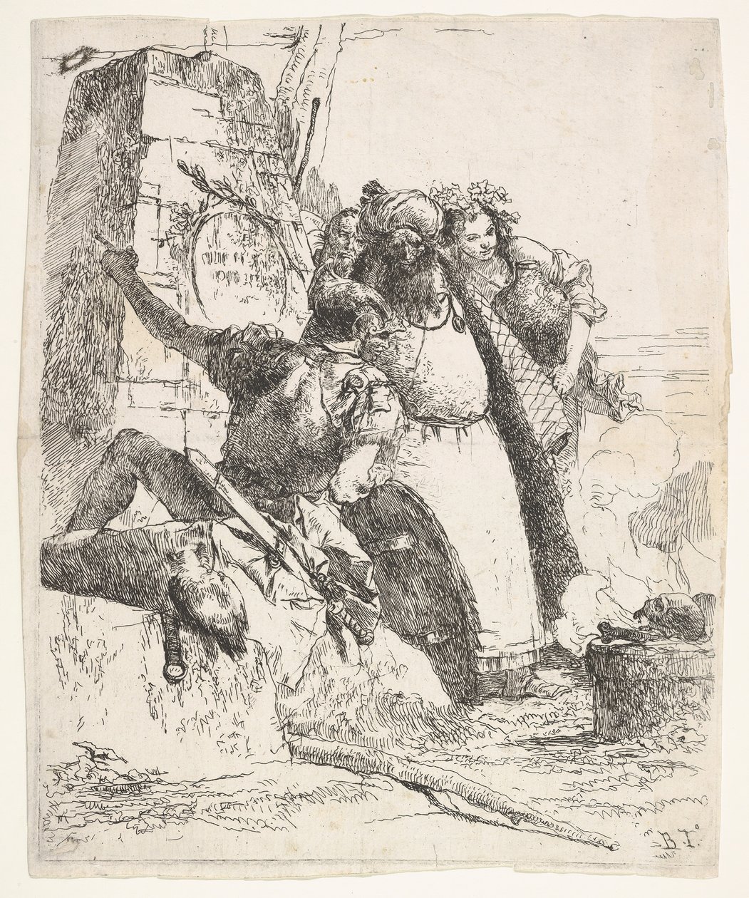 Uma cena de necromancia: uma mulher carregando uma embarcação, um homem de turbante e um olhar de soldado..., ca. 1743-57. de Giovanni Battista Tiepolo