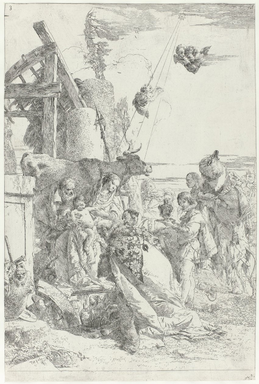 Adoração do Menino Jesus por Três Reis Scherzi di fantasia (título da série) de Giovanni Battista Tiepolo