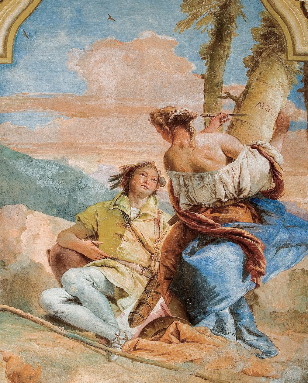 Angelica Carving Medoros Nome em uma árvore, da sala de Orlando Furioso na Palazzina, 1757 de Giovanni Battista Tiepolo