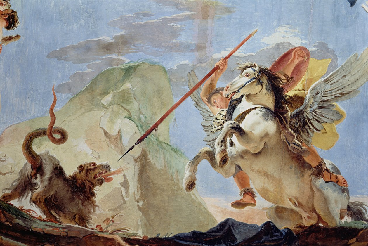 Bellerophon, montando Pegasus, matando o Chimaera, detalhe do afresco do teto ver também 64554 de Giovanni Battista Tiepolo