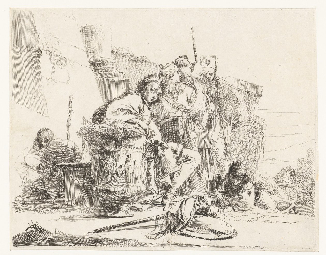 Menino sentado ao lado de um vaso com algumas outras pessoas de Giovanni Battista Tiepolo