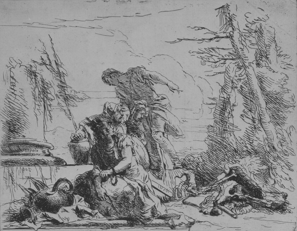 Mulher acorrentada e outras figuras sobre uma pira de ossos, do Capricci, 1743. de Giovanni Battista Tiepolo