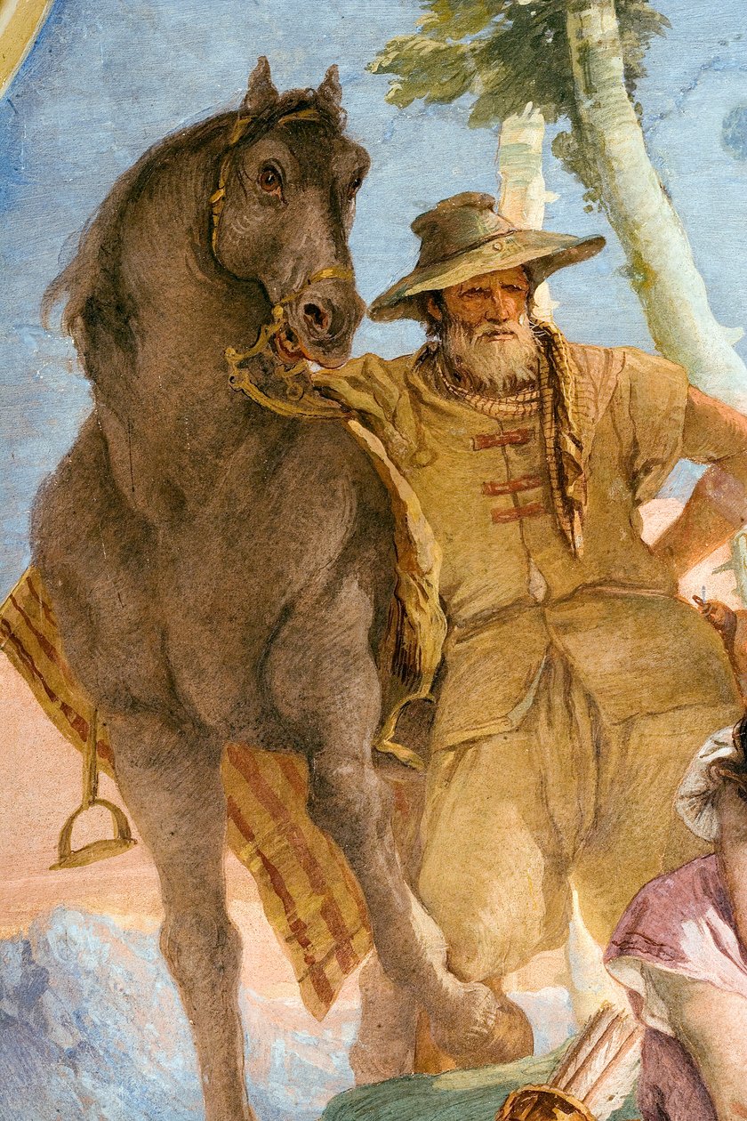 Detalhe do camponês, de Angelica Coming to the Aid of the Wounded Medoro, da sala de Orlando Furioso na Palazzina, 1757 de Giovanni Battista Tiepolo
