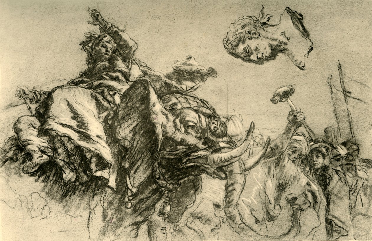Mulher Oriental em um elefante. Um busto de imperadores romanos, 1752-1753, 1928 de Giovanni Battista Tiepolo