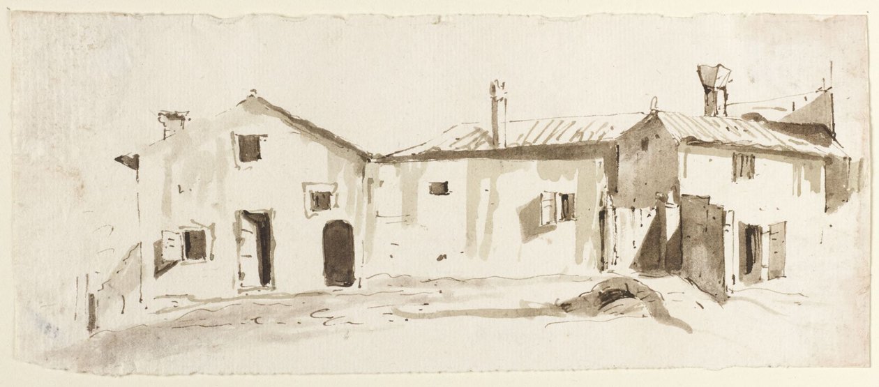 Edifícios rurais com portas abertas, ponte e portão de Giovanni Battista Tiepolo