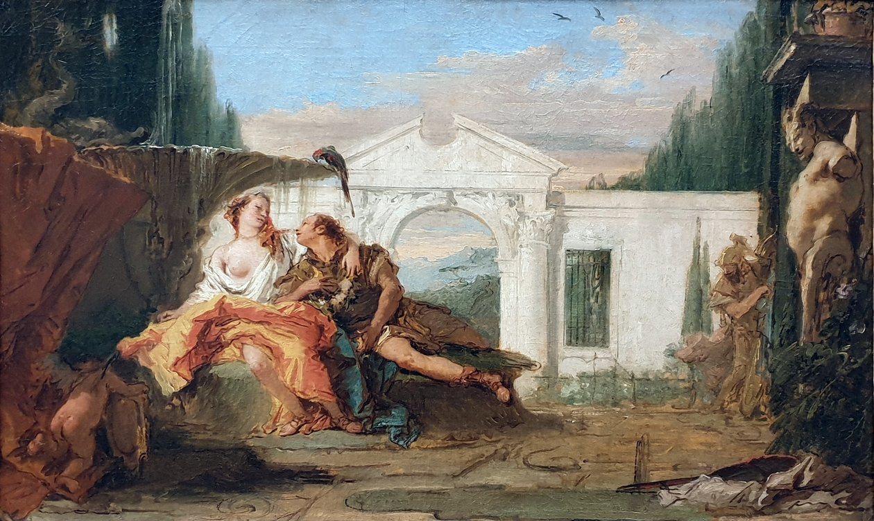 Alemão:  Rinaldo und Armida im Zaubergarten Armidas, von Carlo und Ubaldo belauscht Rinaldo e Armida no jardim mágico de Armida, escutados por Carlo e Ubaldo de Giovanni Battista Tiepolo