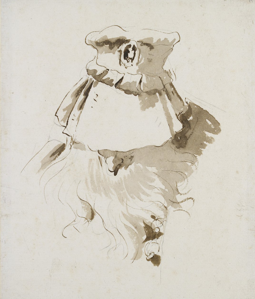 Cabeça de um homem barbudo (caneta e tinta marrom com marrom lave sobre giz preto em papel branco) de Giovanni Battista Tiepolo