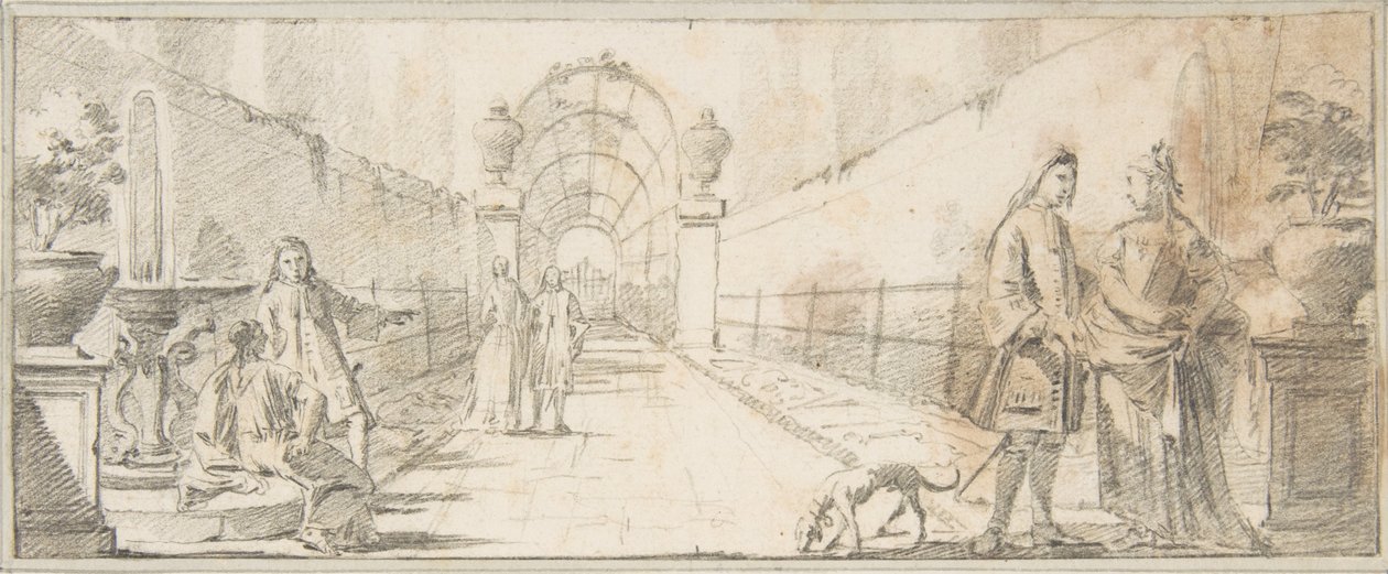 Ilustração para um livro:  Personagens a conversar num jardim de Giovanni Battista Tiepolo