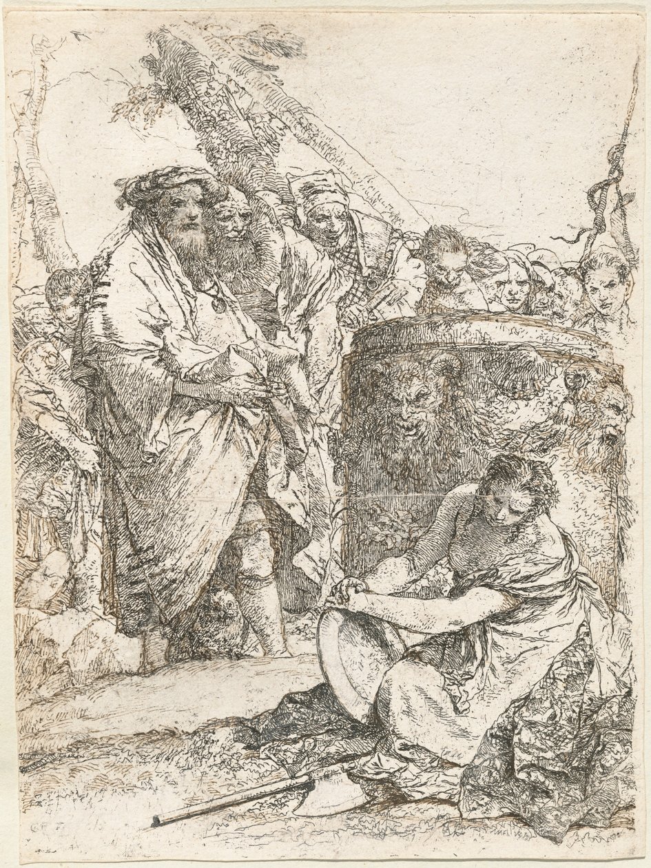 Mágico e outras figuras diante de um altar em chamas com caveira e ossos de Giovanni Battista Tiepolo