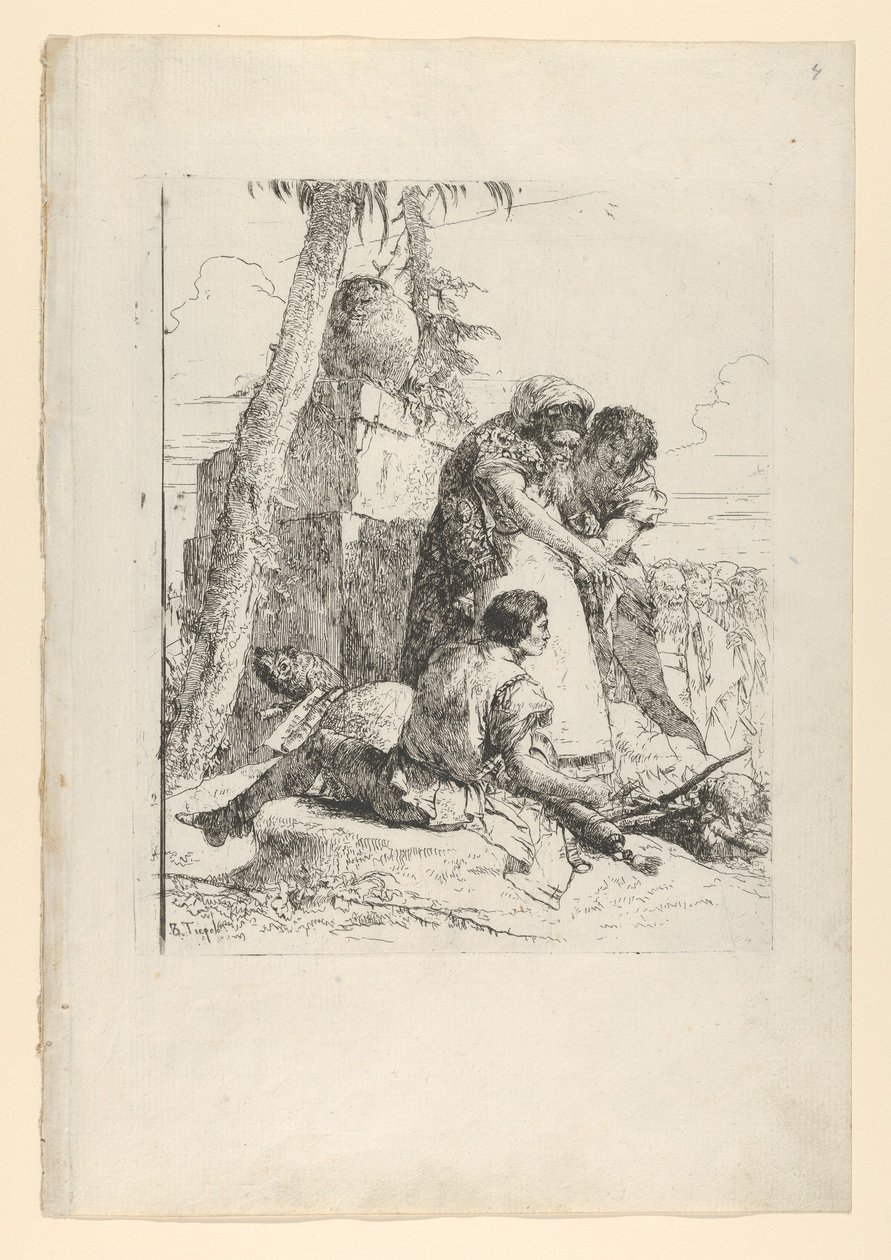 Mágico apontando uma cabeça em chamas para dois jovens, do Scherzi, ca. 1743-50. de Giovanni Battista Tiepolo