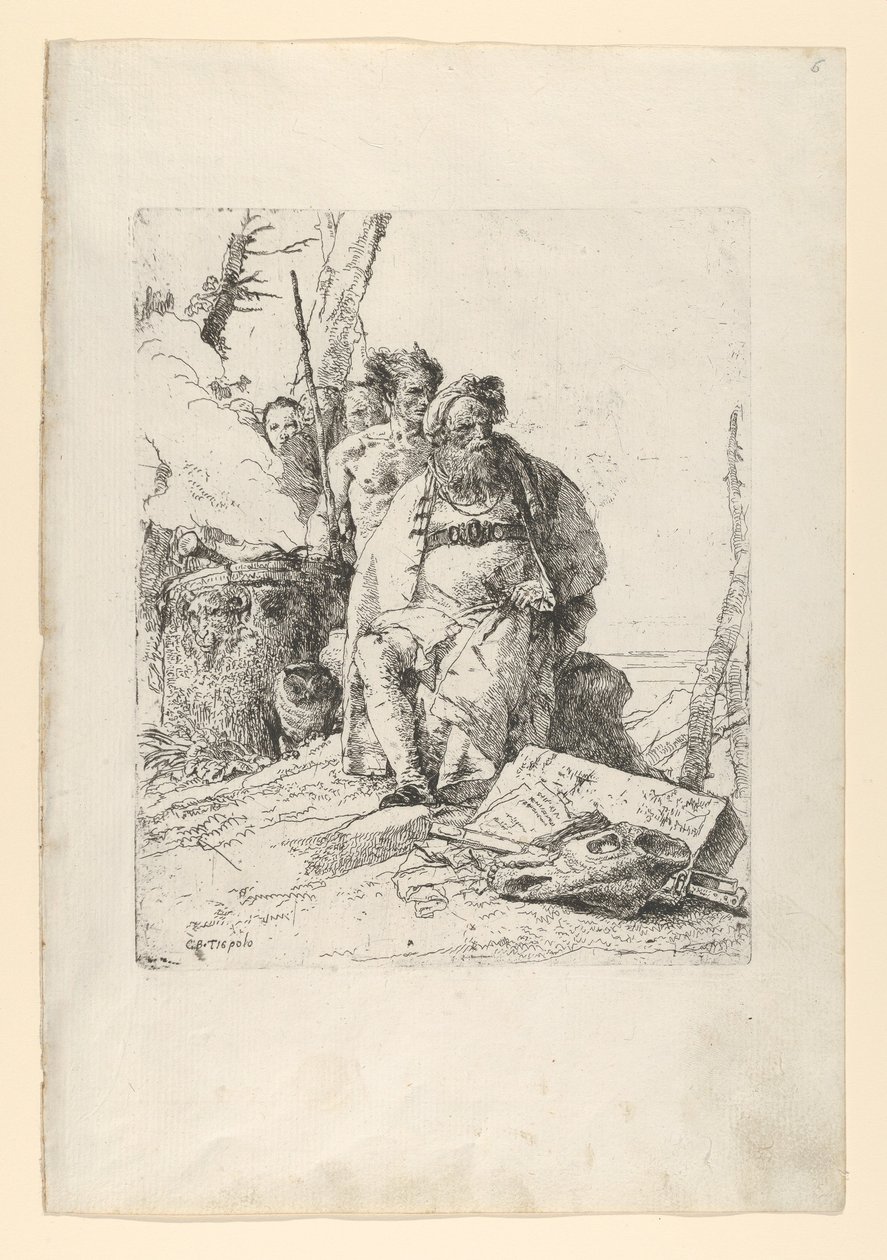 Mágico com quatro figuras perto de um Altar fumegante, do Scherzi, ca. 1743-52. de Giovanni Battista Tiepolo