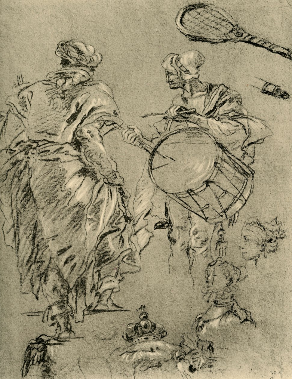 Homem visto por trás, baterista e pequenos estudos, 1751-1752, 1928 de Giovanni Battista Tiepolo