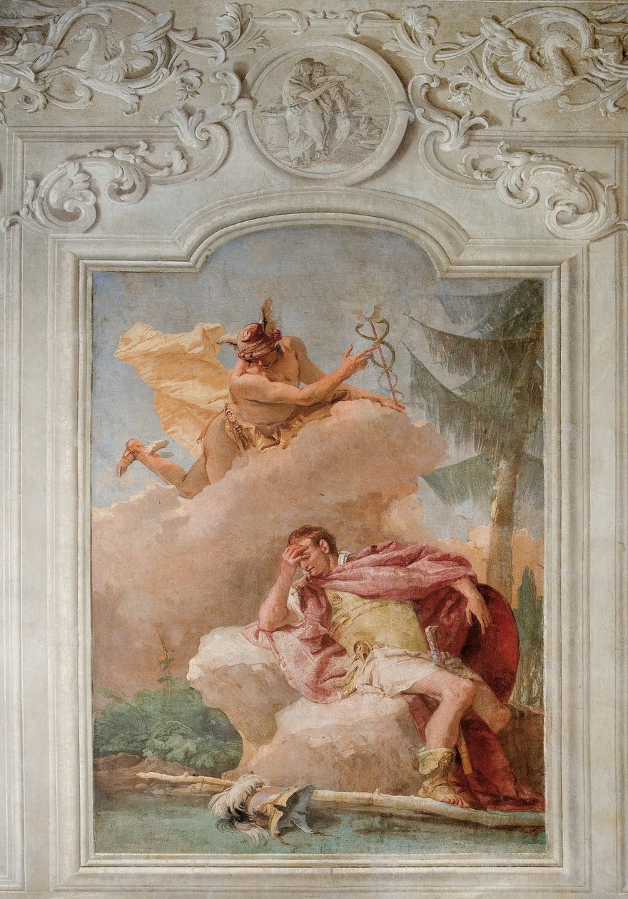 Mercúrio Exortando Enéias a deixar Cartago, da Sala da Eneida na Palazzina, 1757 de Giovanni Battista Tiepolo
