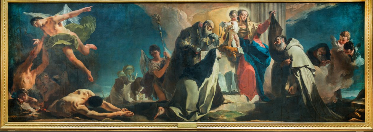 Nossa Senhora do Carmelo entre os santos Simão Stock, Teresa de Ávila, Albert de Vercelli, o profeta Elias e as almas do purgatório, 1745 de Giovanni Battista Tiepolo