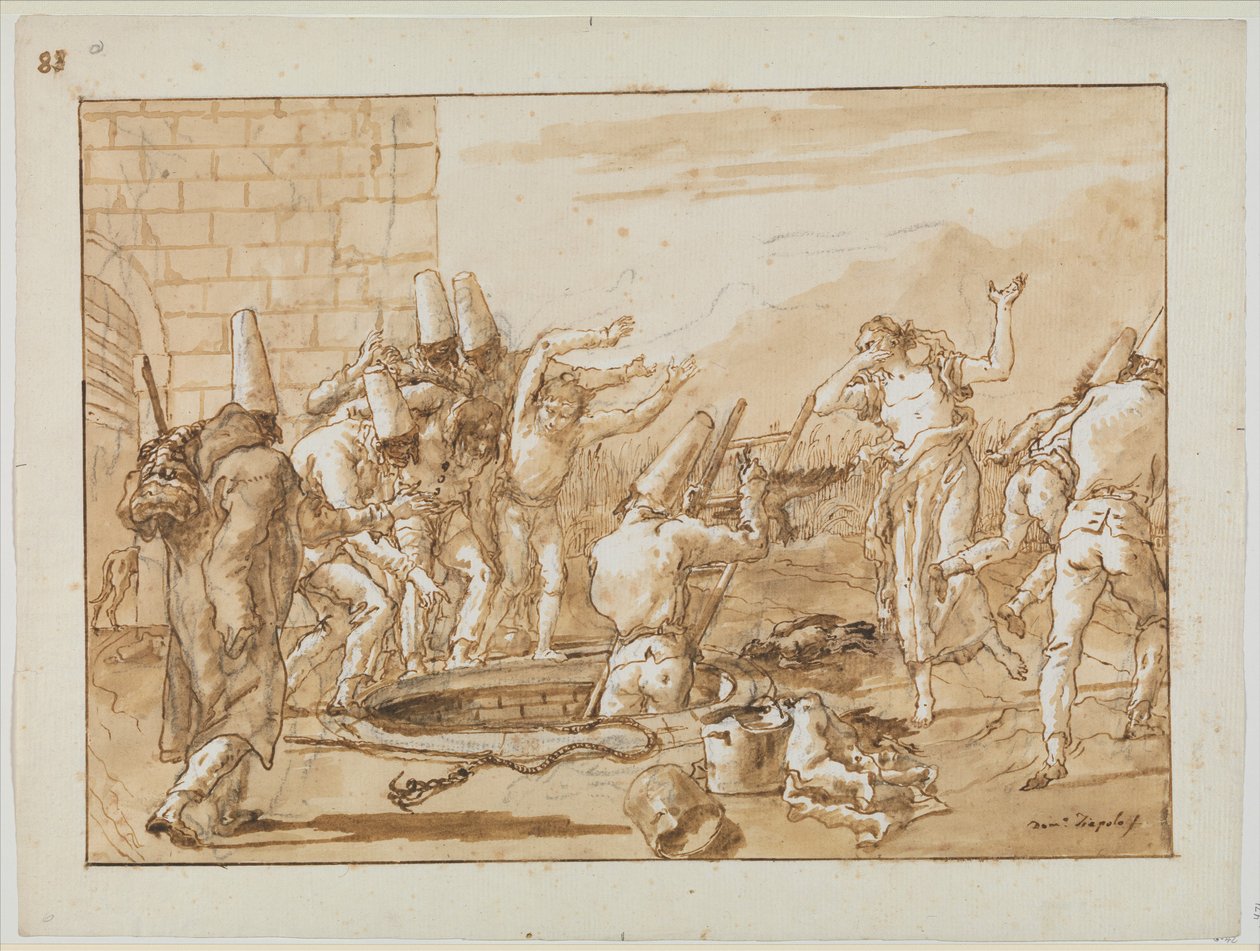 Punchinello Recuperando Galos Mortos de um Poço, c.1800 de Giovanni Battista Tiepolo