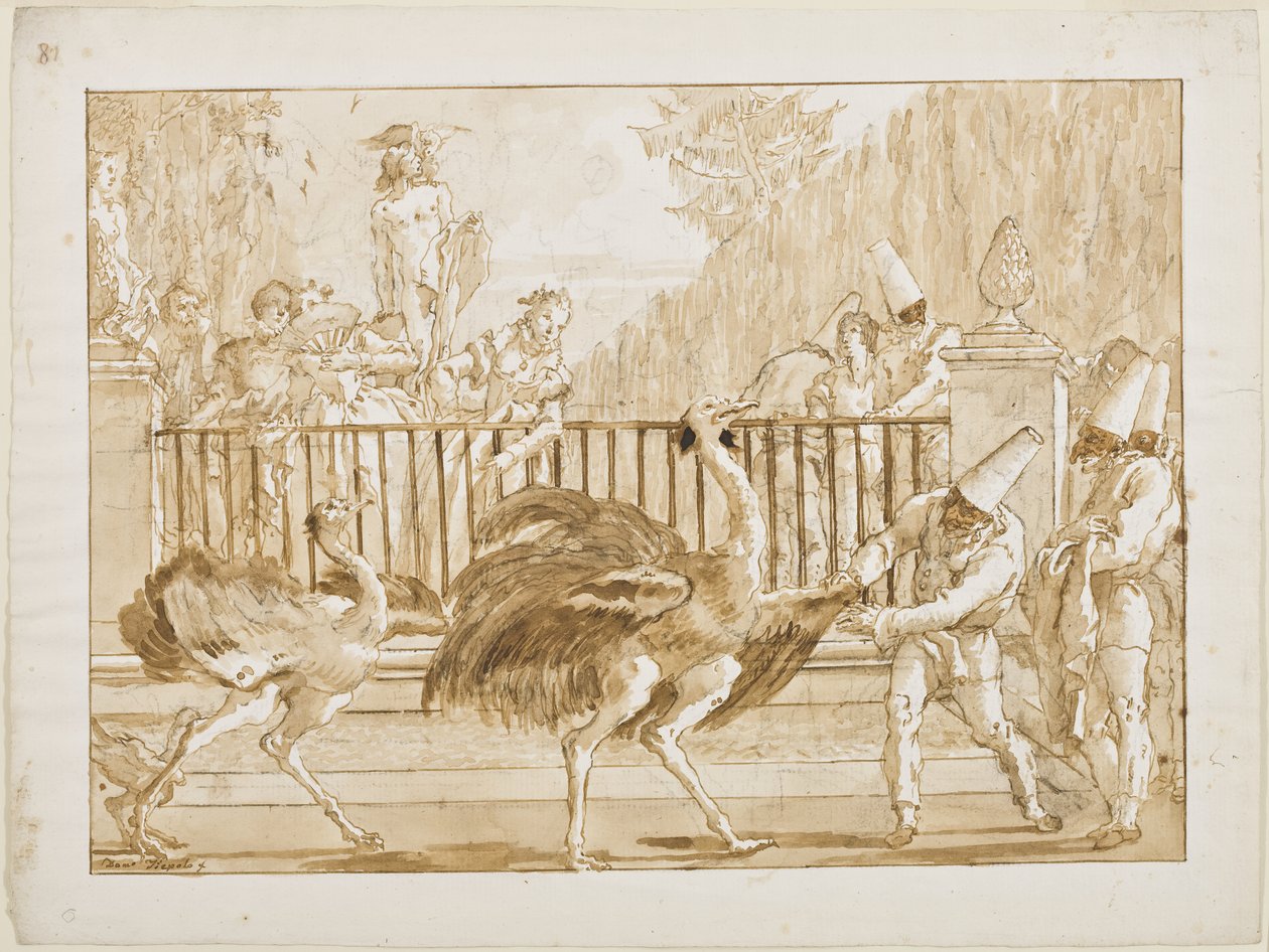 Punchinello com os avestruzes, c.1800 (caneta e tinta marrom claro (provavelmente bistre) e pincel de giz preto sobre papel colocado) de Giovanni Battista Tiepolo