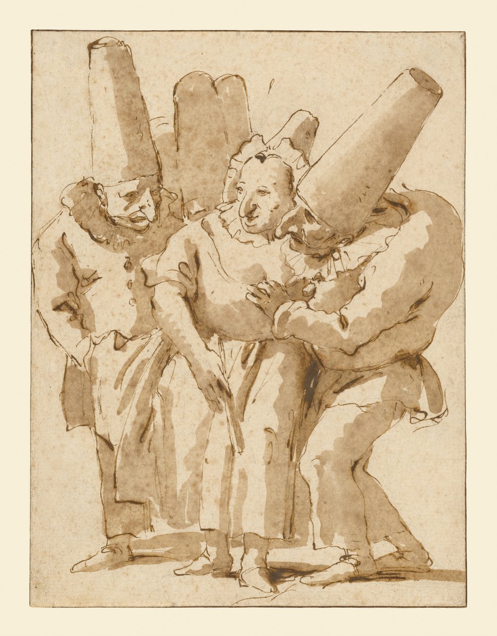 Punchinellos aproximando-se de uma mulher de Giovanni Battista Tiepolo