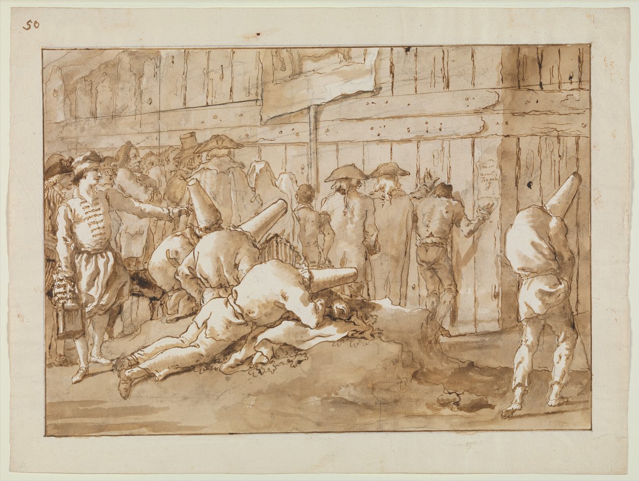 Punchinellos fora de um circo, c.1800 de Giovanni Battista Tiepolo